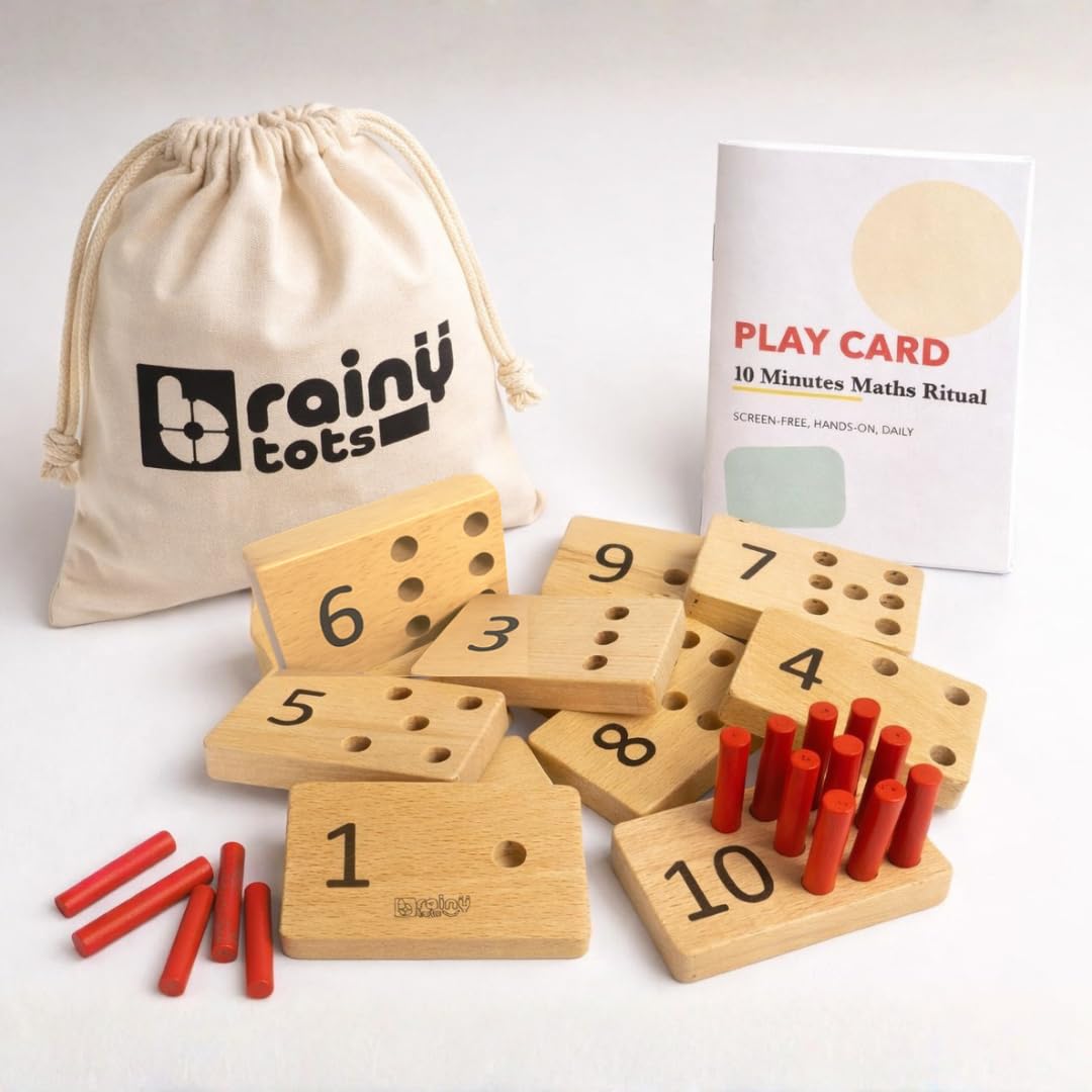 BrainyTots Montessori Counting Peg Board Toy for Kids 1–3 Years | Early Learning Math Activity Set with 10 Wooden Number Boards, 10 Pegs, Storage Pouch & Play Guide for Toddler Brain Development