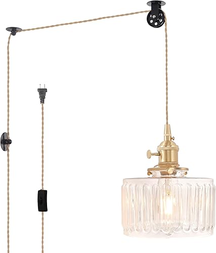 Miniatura 51 de Lámpara Colgante Enchufable Accesorio de Luz Colgante con Cable Interruptor de Encendido/Apagado Lámpara Colgante de Latón con Pantalla de Vidrio a