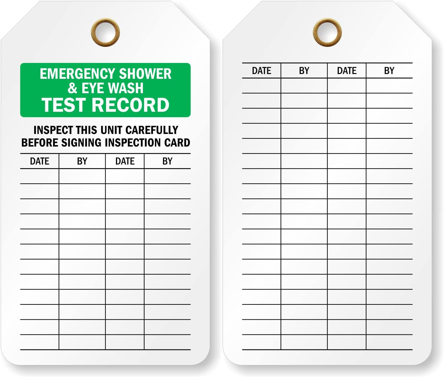 SmartSign 2 Sided Emergency Shower & Eye Wash Test Record Tag | 2.125" x 4.25" Plastic, Pack of 20, Made in USA