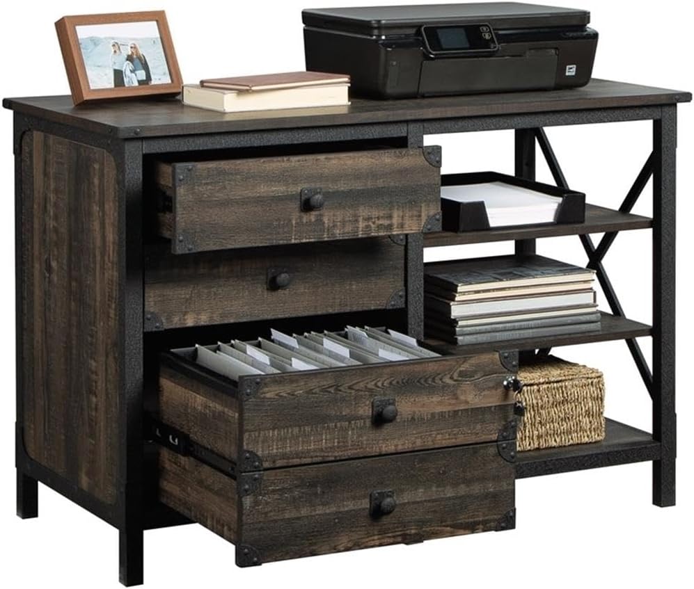 Pemberly Row Small Credenza, Engineered Wood and Metal, Carbon Oak Finish, 3 Drawers with Full Extension Slides, Adjustable Shelves, File Drawer Lock, Industrial Storage for Home Office or Living Room