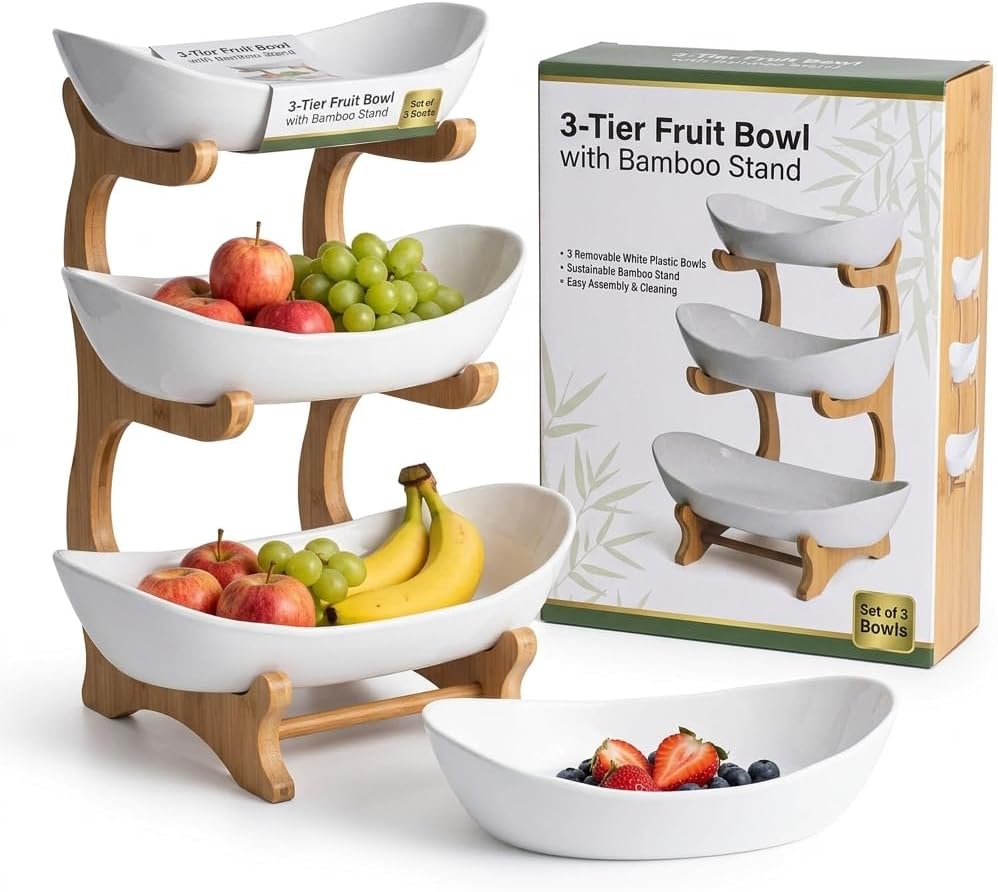 3‑Tier Fruit Bowl Stand for Kitchen Countertop, Removable Plastic Bowls with Bamboo Frame, Tiered Fruit Basket Organizer for Snacks, Desserts & Party (White)