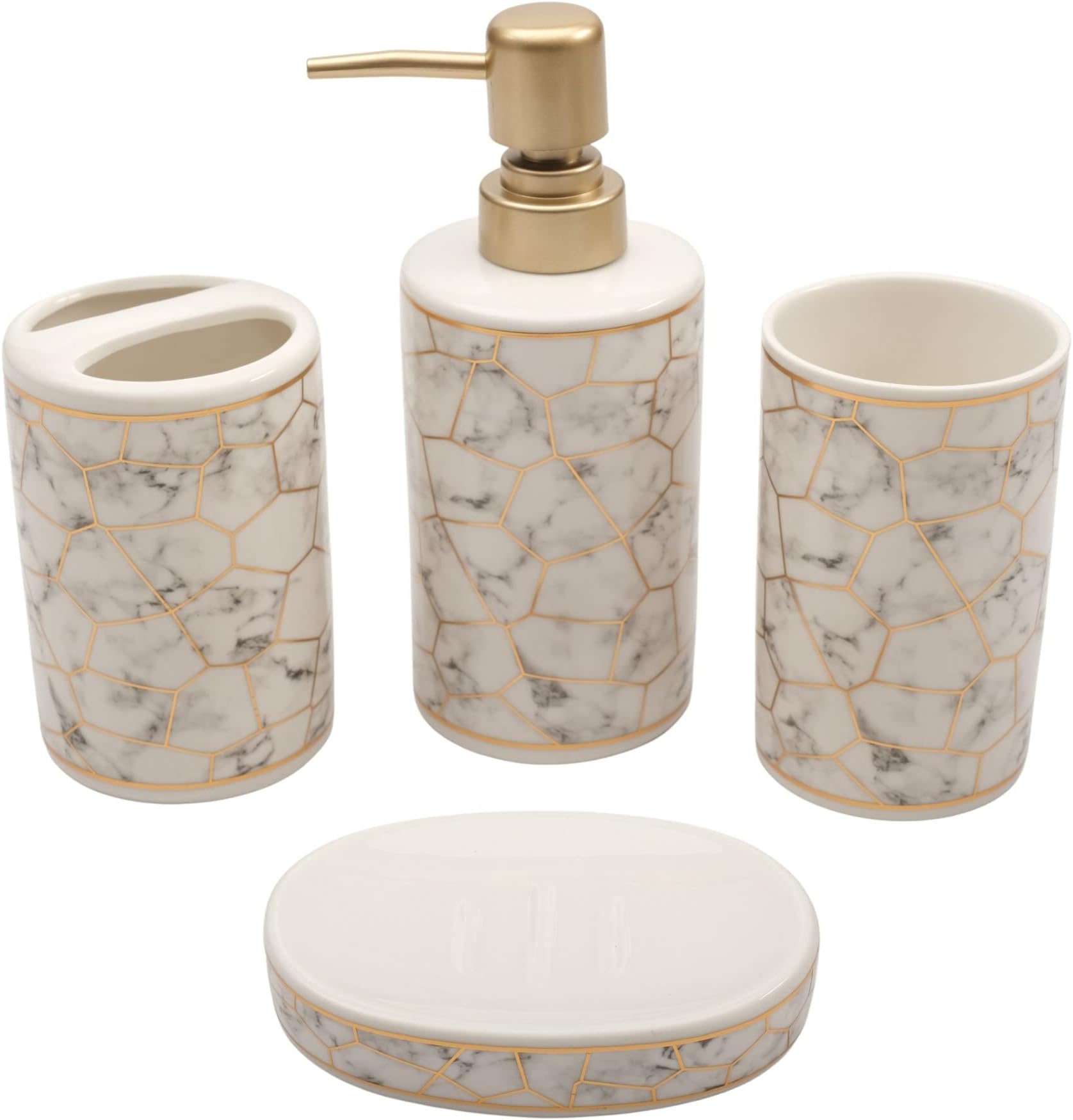 STORE 2508 Ceramic 4 Pcs Bathroom Set Liquid Soap Dispenser Soap Dish Toothbrush Holder And Tumbler (White)