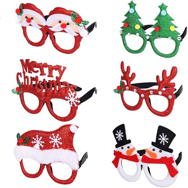 6 Pair Christmas Party Frame Glitter Glasses Christmas Novelty Glasses Santa Snowman Antlers Glasses Eyewear Christmas Hats and Tree Christmas Eyeglasses Costume Decoration Party Supplies for Xmas