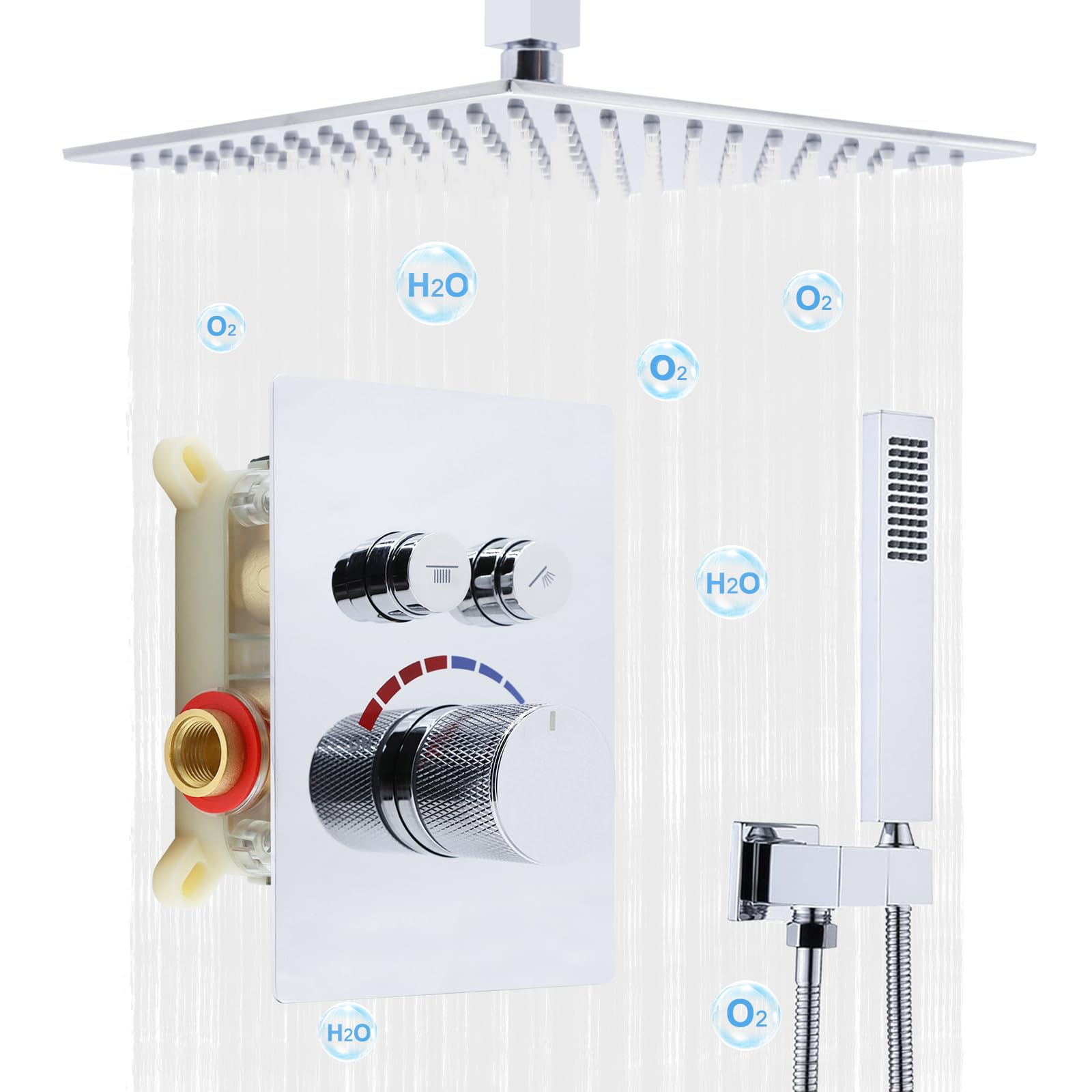 Delnet 10" (25.4 cm) 4-Nozzle High-Pressure Rain Shower Set, Hot&Cold Water Shower Mixer Valve, Can Use 2 Functions at A Time – Chrome