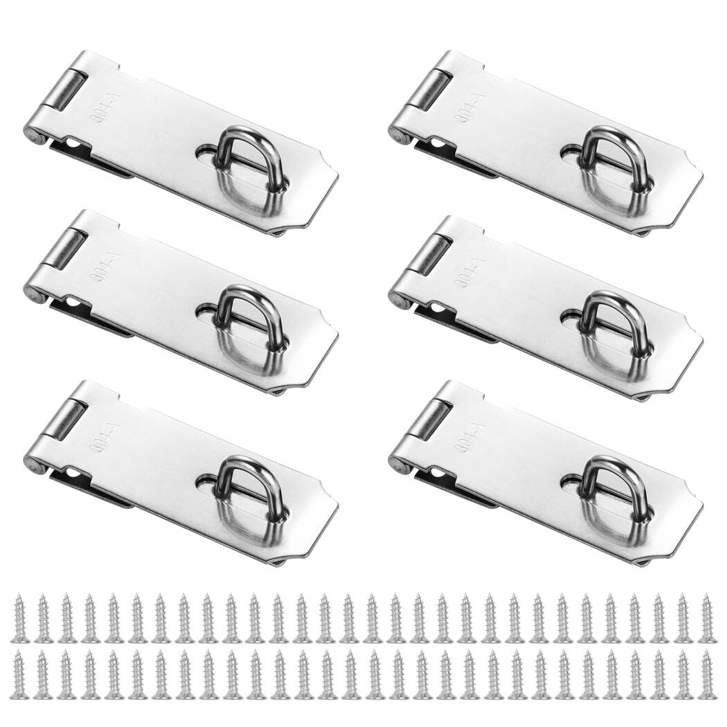 6 PCS Door Hasp Latch Locks, 4-inch Brushed Finish Stainless Steel Padlock Clasp, Gate Lock Hasp and Latch Set with Screws, Safety Padlock Hasp Latch for Doors, Sheds, Cabinets
