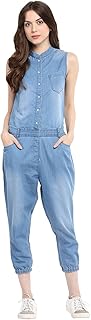 StyleStone (3180MndrnJS)-Women's Denim Mandarin Collar Jumpsuit