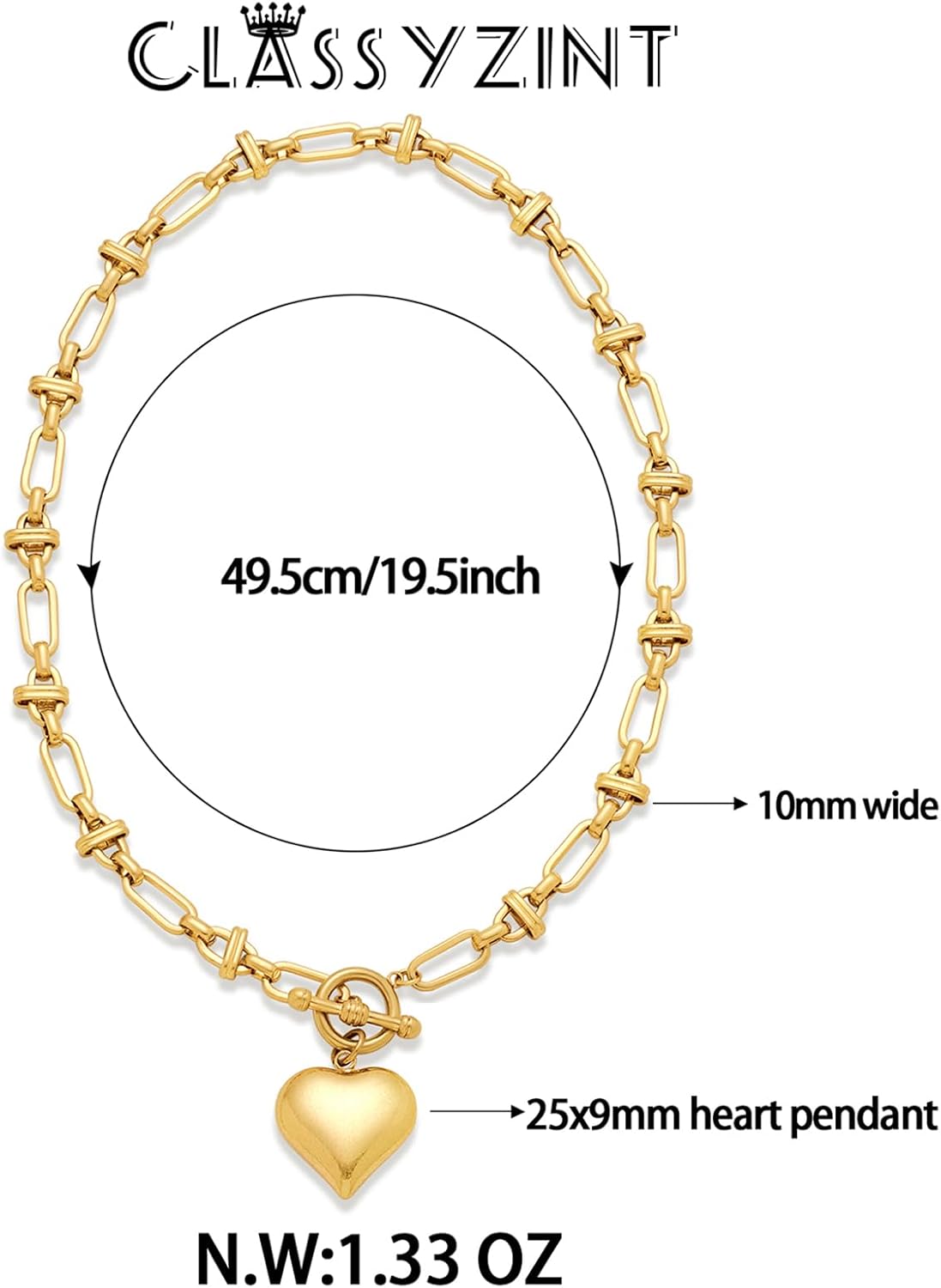 CLASSYZINT Gold Toggle Necklace Heart Pendant Chain Necklace Statement Charm Necklace Chain Link Necklace - Image 6