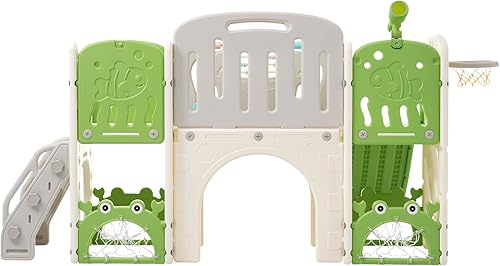 Miniatura 7 de Juego multiactividad 11 en 1 para niños pequeños con tobogán, aro de baloncesto y telescopio, patio de juegos para interiores y exteriores para