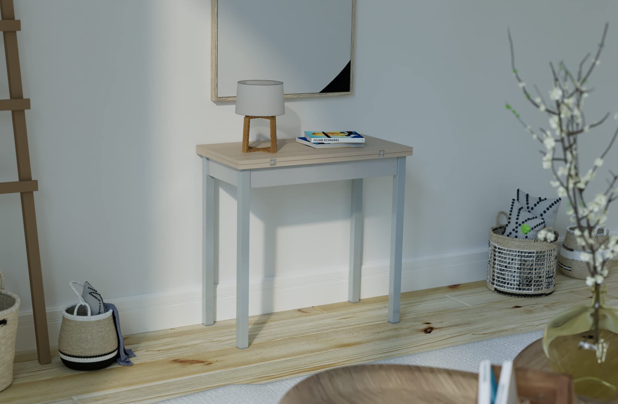 ASTIMESA Tipo Libro Tavolo da Cucina, Metallo Vetro Legno, Rovere Raw, 80x40cm