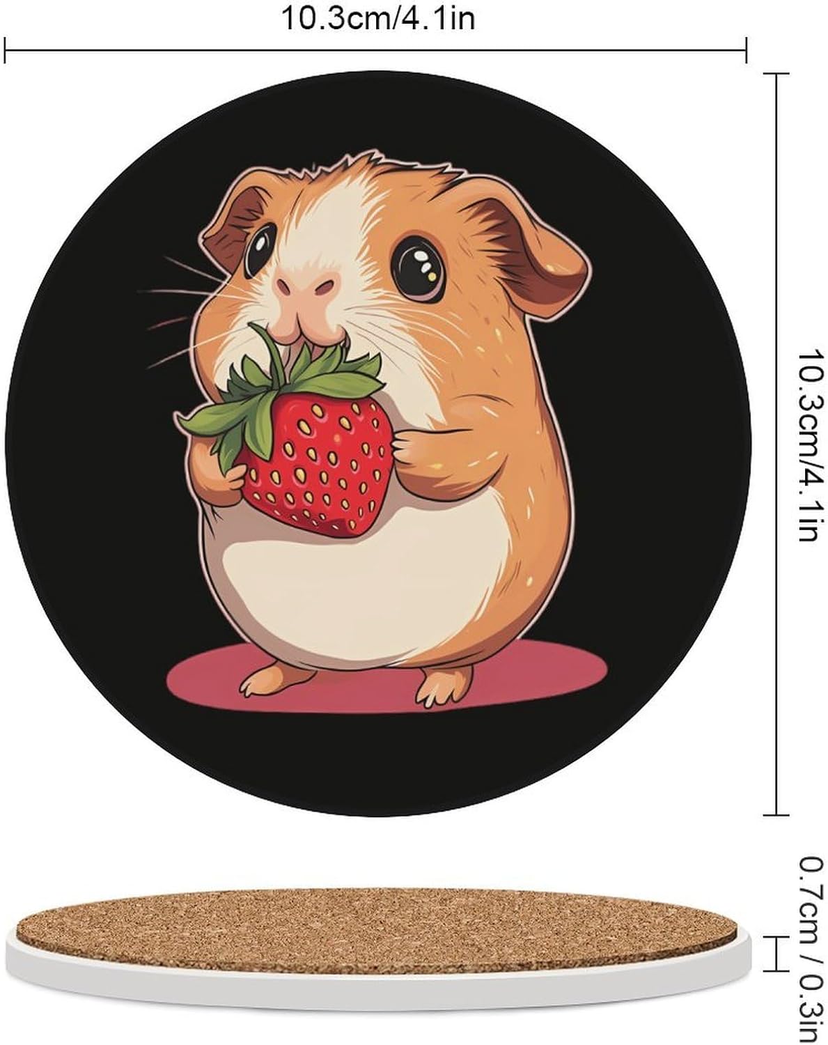 Cute Guinea Pigs Strawberry Funny Round Ceramic Coasters for Drink Absorbent Cup Holders Tabletop Protection
