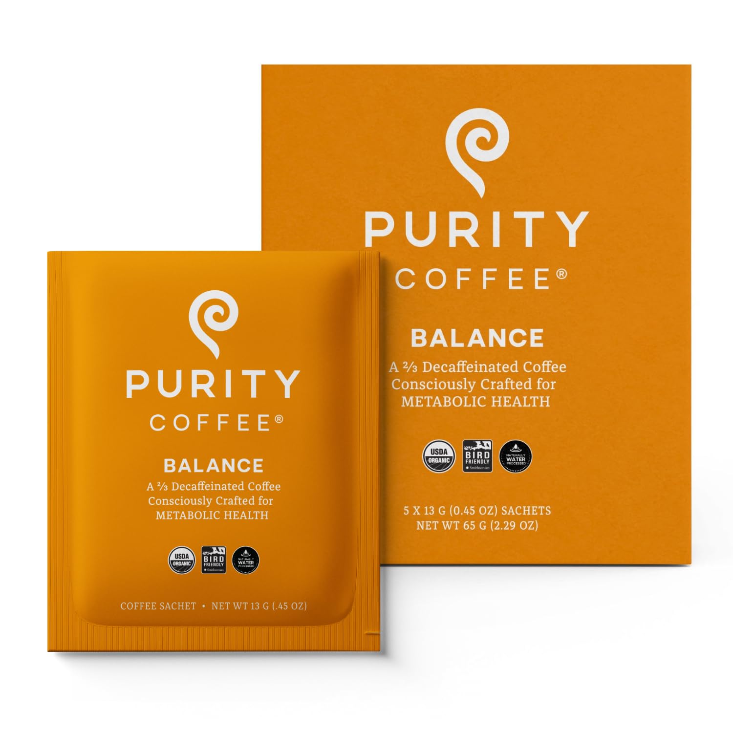 Purity Coffee BALANCE 2/3 Decaf Medium Roast Single Serve Sachets (5ct Box) | Specialty-Grade USDA Organic Mountain Water Decaffeinated + Arabica Blend | Third Party Tested for Mold, Mycotoxins & Pesticides