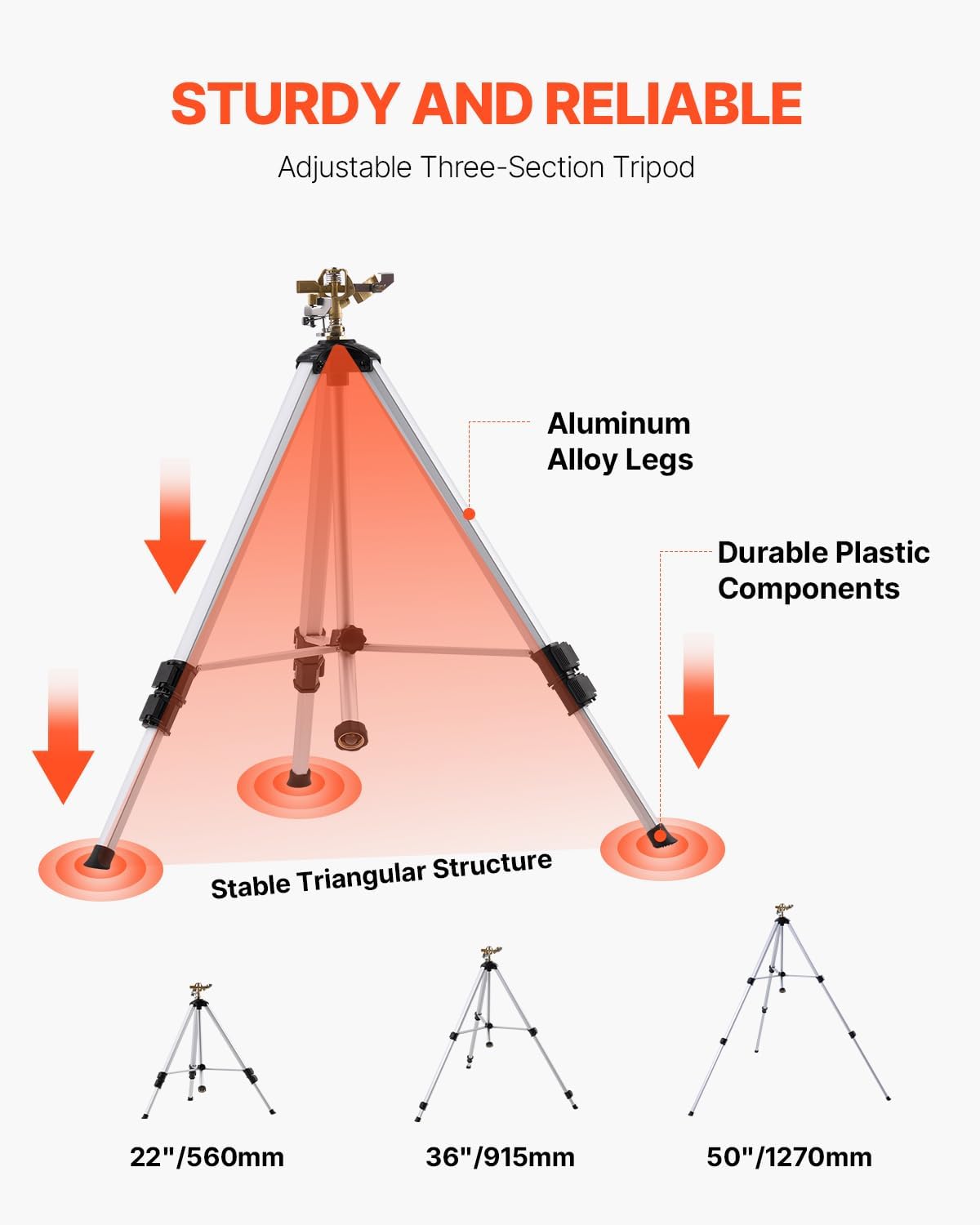 VEVOR Impact Sprinkler on Tripod Base, Heavy Duty Tripod Sprinklers with Brass Head & 3/4" Connector, 360 Degree Large Area Coverage Irrigation Sprinkler, Adjustable Heights, for Yard Gray