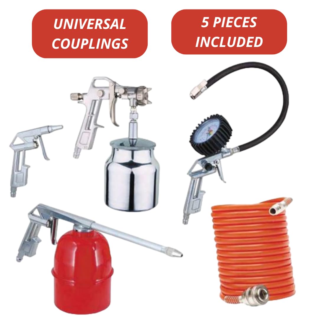 Kit 5 Accessori Aria Compressa per Compressore - 3 Postole, 1 Aerografo e 1 Tubo - Ideale per lavori fai da te