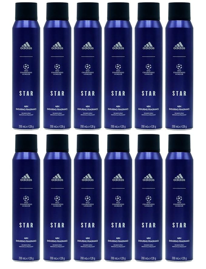 12x adidas STAR UEFA Champions League Deodorant Deo Spray Aromatisch & Zitrisch 48H Maximaler Trockenschutz mit 48 Stunden Schutz gegen starkes Schwitzen und Körpergeruch,200ml (12er Pack)