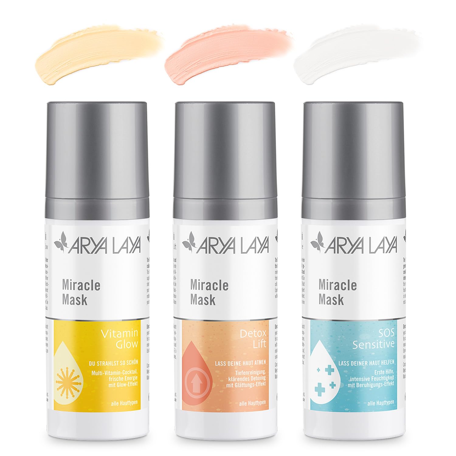 ARYA LAYA Miracle Mask Trio, 3 x 30 ml: pflegende Gesichtsmasken im Set, für alle Hauttypen: mit Glow-Effekt, Glättungs-Effekt & Beruhigungs-Effekt
