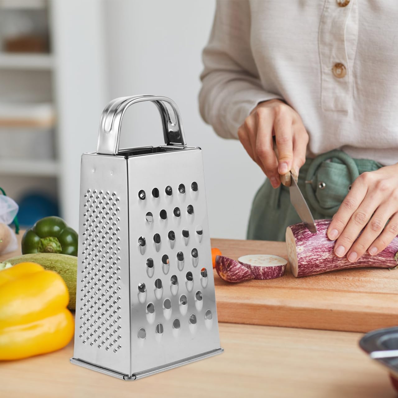 CALLARON Cheese Grater - Stainless Steel Vegetable Grater with Handle, 4-Sided Multifunction Kitchen Box Garlic Slicer, for Cheese, Potato, Fruit & Vegetable 6.5 x 3.5 x 2.5 inch