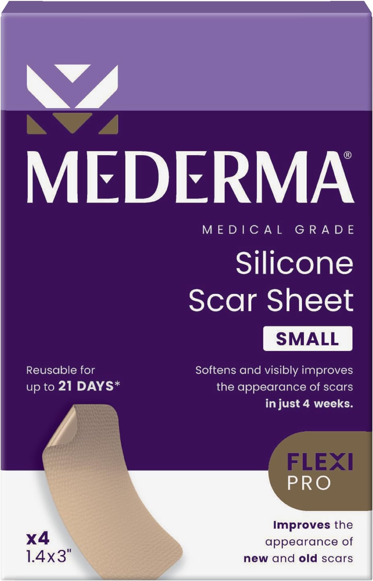 Mederma Medical Grade Silicone Small Scar Sheets 1.4x3 inches (4 Count), for Injury, Burn and Surgery Scars