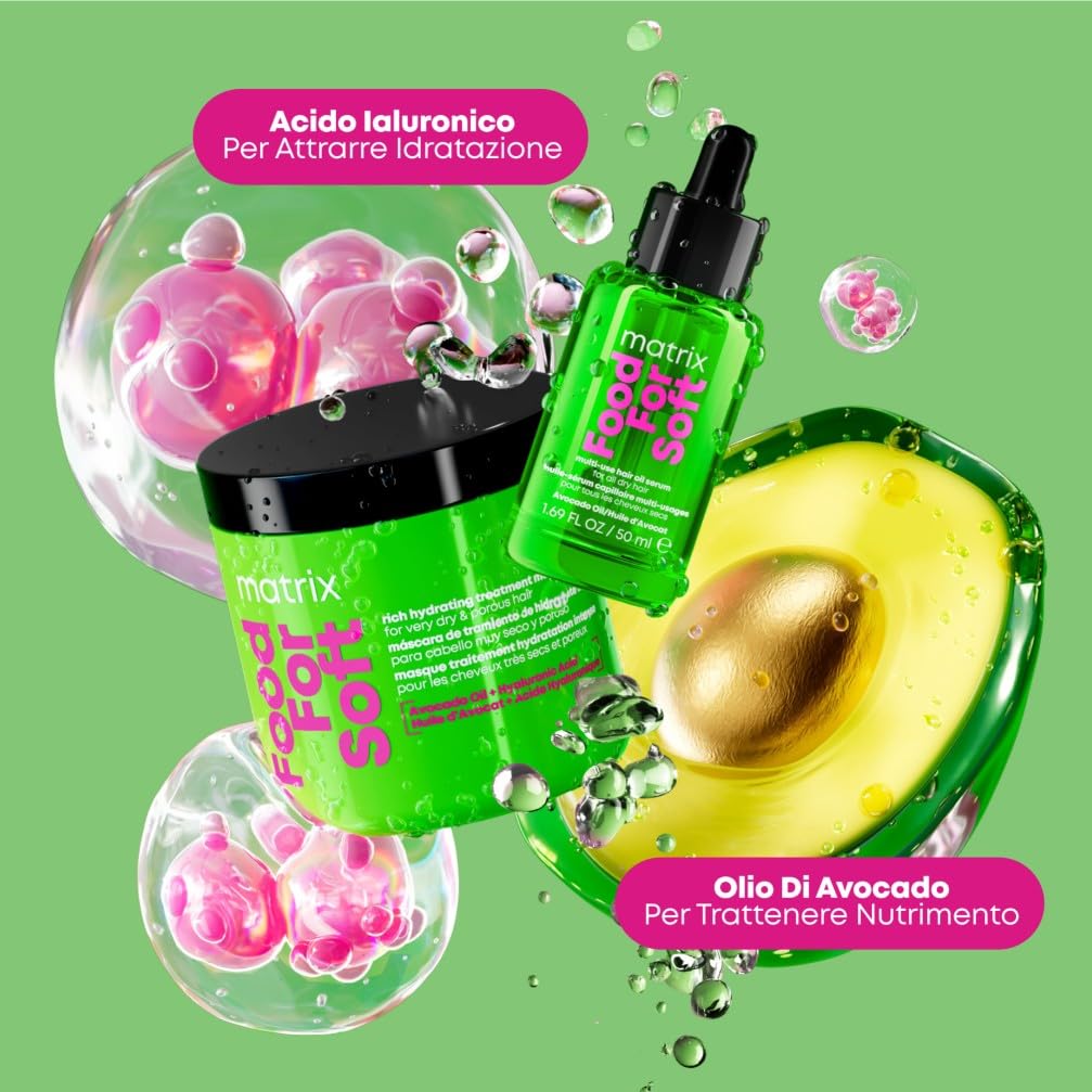 Matrix, Olio Multi-Uso Idratante per Capelli Secchi, Termoprotettore, Chioma Effetto Seta, Con Olio di Avocado e Acido Ialuronico, Food For Soft, 50 ml