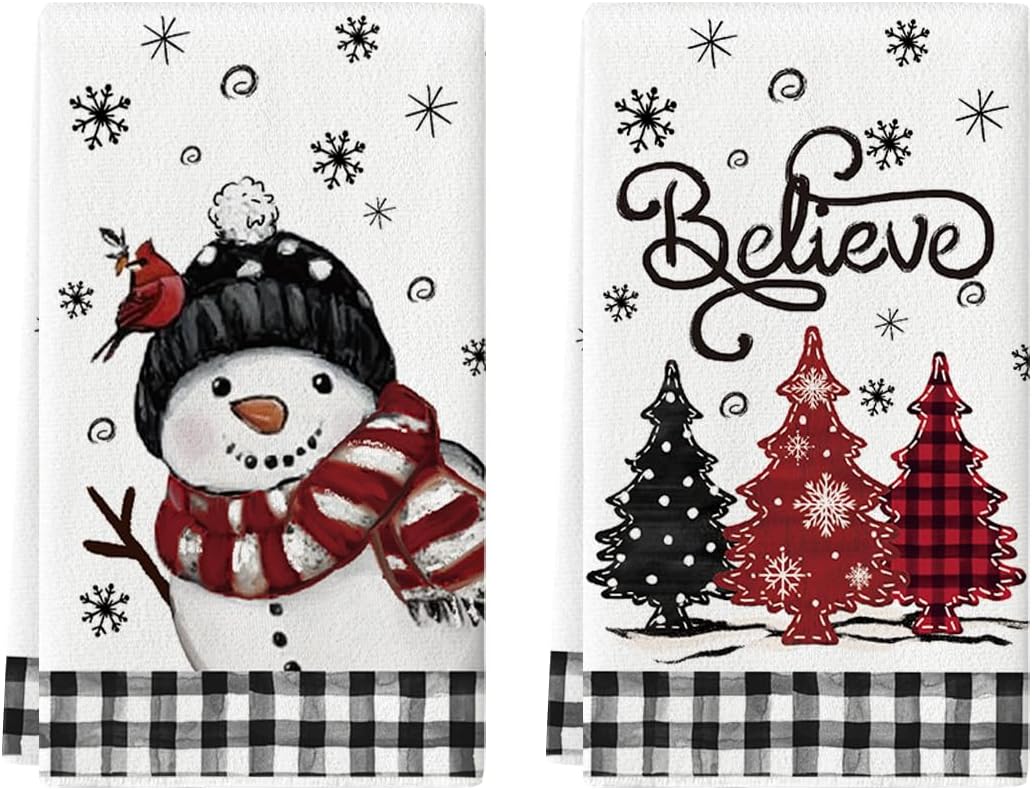 Artoid Mode Black Red Xmas Tree Snowman Christmas Kitchen Towels Dish Towels, 18x26 Inch Holiday Bird Believe Winter Decoration Hand Towels Set of 2