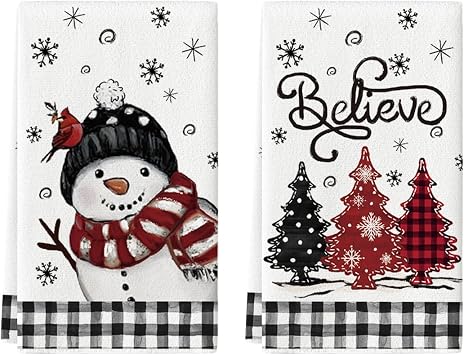 Artoid Mode Black Red Xmas Tree Snowman Christmas Kitchen Towels Dish Towels, 18x26 Inch Holiday Bird Believe Winter Decoration Hand Towels Set of 2