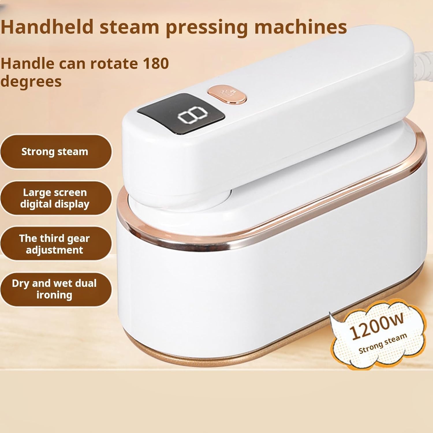 Garment Steamer Iron 2-in-1, 1200W Portable Handheld Steamer for Clothes, 150ml Water Tank with 3 Steam Levels & LED Display, for Home Office Travel White