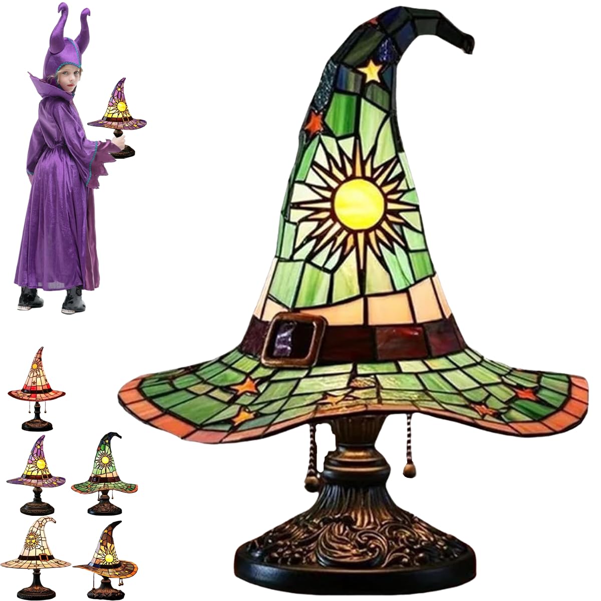Witch Hat Lamps, Witch Hat Tiffany Lamp Stained Glass, Handmade Gothic Wizard Shape Lights for Halloween Decoration with Mystical Charm (Green)