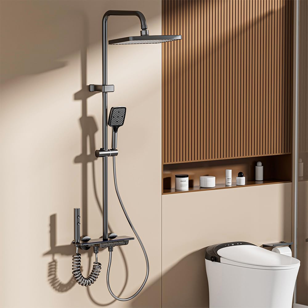 Columna de ducha gris titanio con cabezal de ducha cuadrado. 4 modos y altura ajustable. Ducha, chorro, grifo, cabezal de ducha grande (cabeza cuadrada)