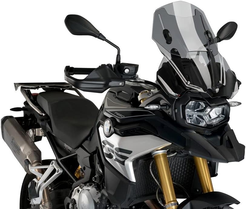 Puig Touring Screen installed on a black BMW F850GS motorcycle, viewed from the front-right.