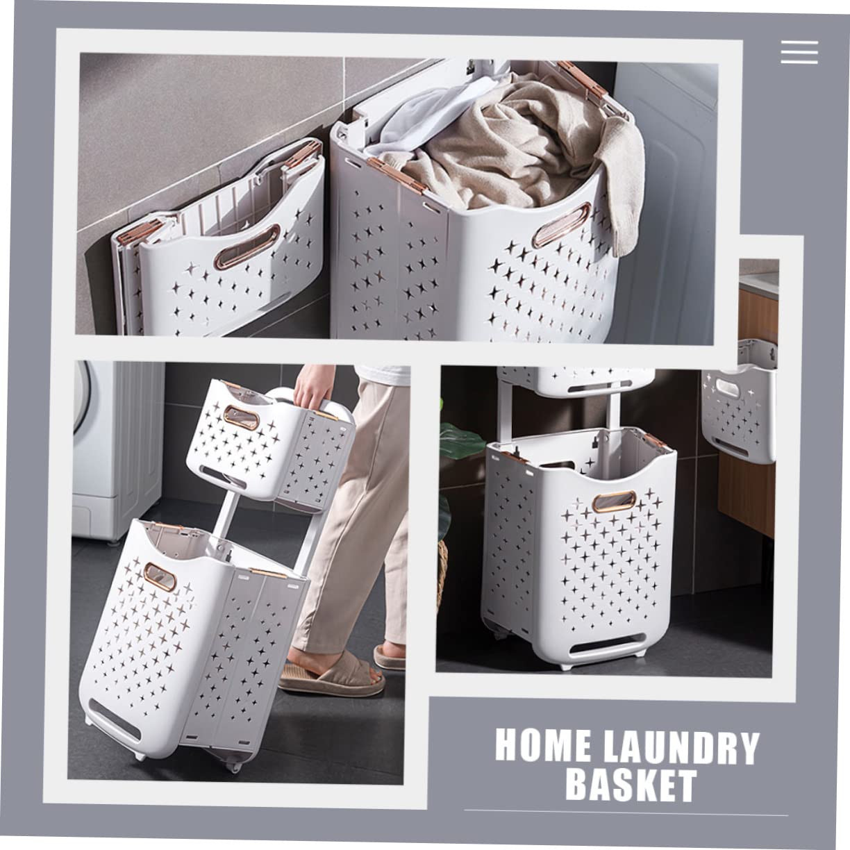 Cesto Portabiancheria Pieghevole a Doppio Strato Cesto Mobile Ventilato con Ruote Cesta la Biancheria con Grande Capacità e Design Salvaspazio per Bagno e Lavanderia