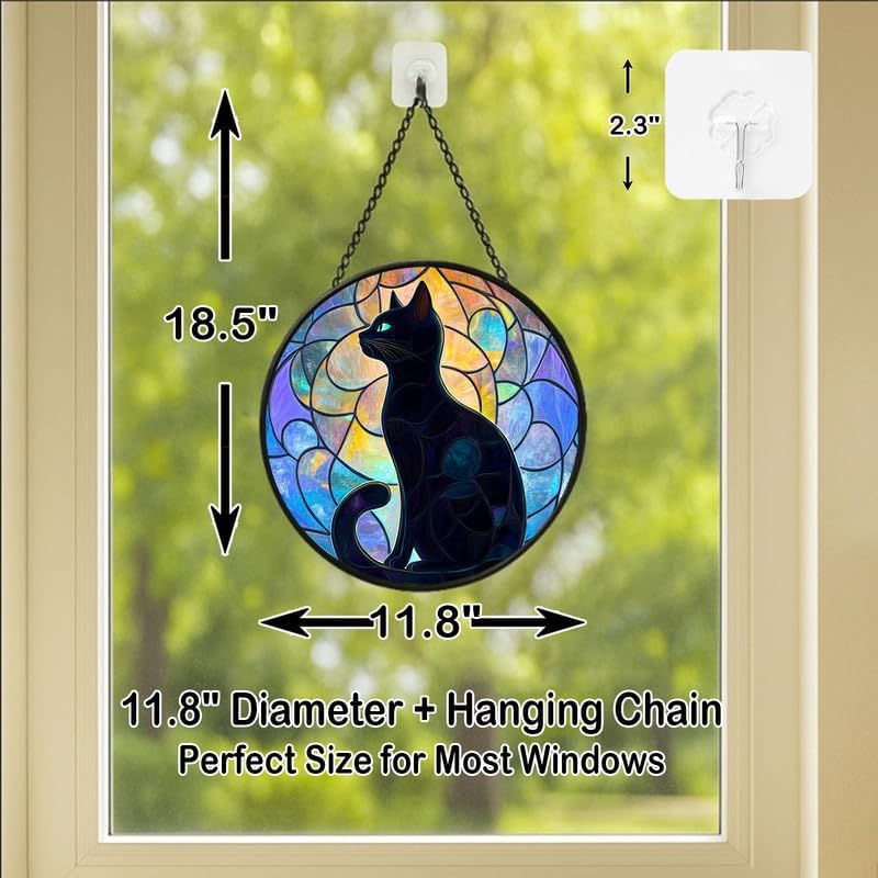 Stained Glass Window Hanging - Black Cat with Pastel Glass Glow 11.8in Sun Catchers Indoor Stained Glass Panels Wall Decor for Mom, Wife, Lovers, Festive