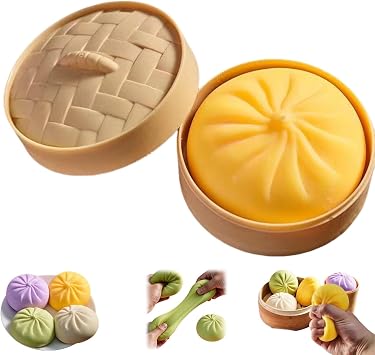 Giant Dumpling Squishy, Jumbo Dumpling Squishy Toy with Steamer Box, Sensory Dumplings Toy for Kids & Adults, Soft Squeeze Decompression Dough Yellow