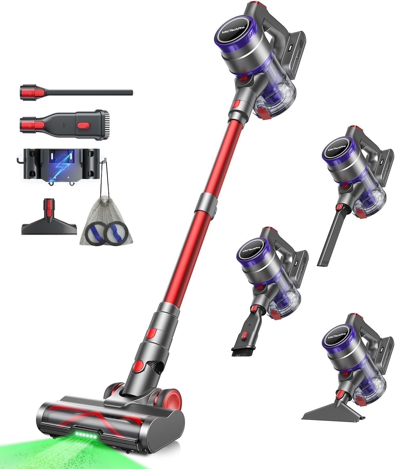 VACTechPro 55KPa/600W Akku Staubsauger, Staubsauger Kabellos mit 1,6-Liter-Staubbehälter, 8-Schicht-Filterung, Super Leise, Anti-Tangle Bodenbürste für Hartböden, Violett und Rot,70Min Laufzeit