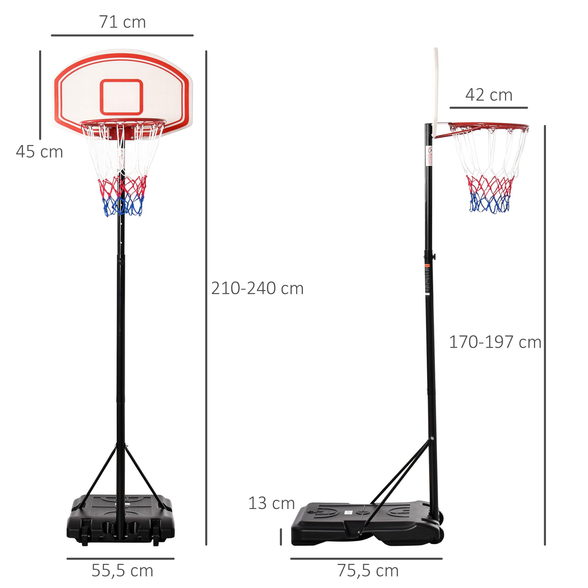 HOMCOM Panier de Basket extérieur Ajustable Portable Hauteur d'arceau réglable 210-240 cm Base de lestage sur roulettes Poteau métal Noir Blanc