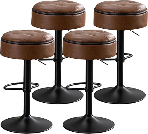 Juego de 4 taburetes de almacenamiento redondos, de piel sintética negra, altura ajustable, sillas de altura de mostrador de 360, taburete de bar