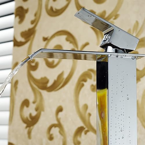 Miniatura 5 de Grifo de baño cromado, cascada, cuenco de fregadero de un agujero, grifo alto de una sola manija, grifos de baño con montaje de drenaje, tocador