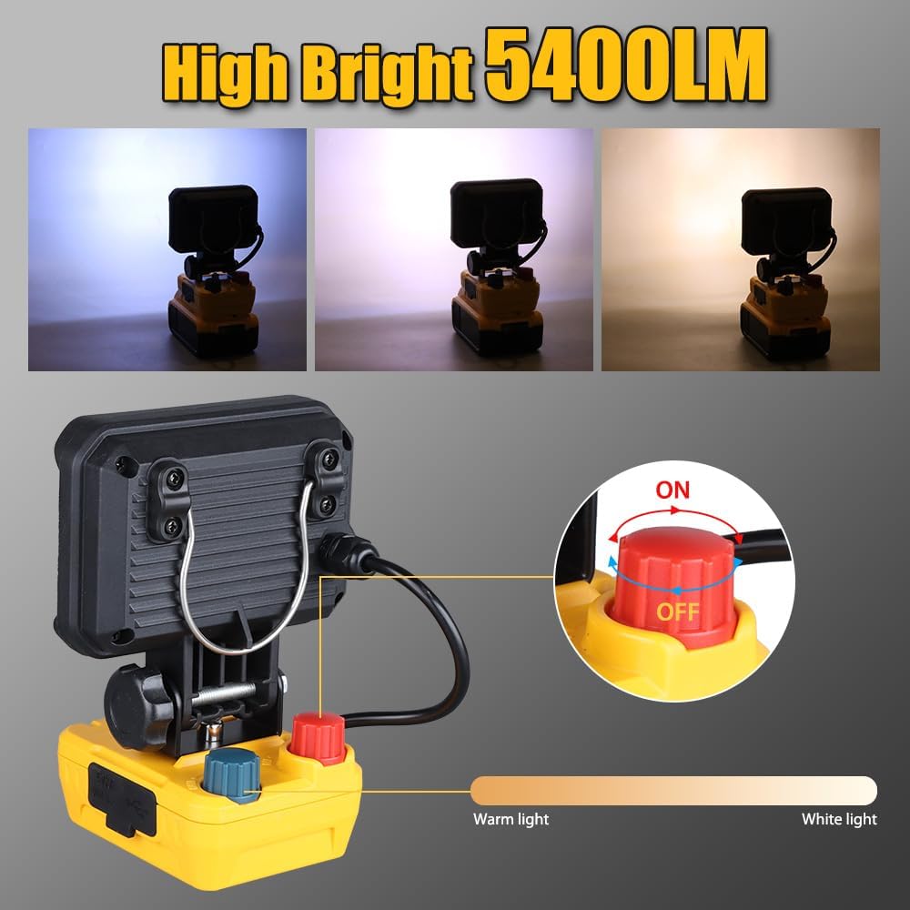 LED Work Light for Dewalt 20v Battery, 90W Max 5400LM Flashlight, Portable Flood Battery Light with USB and Type C Charging Port, 3000-6000K Stepless Dimming for Mechanic,Job Site Lighting