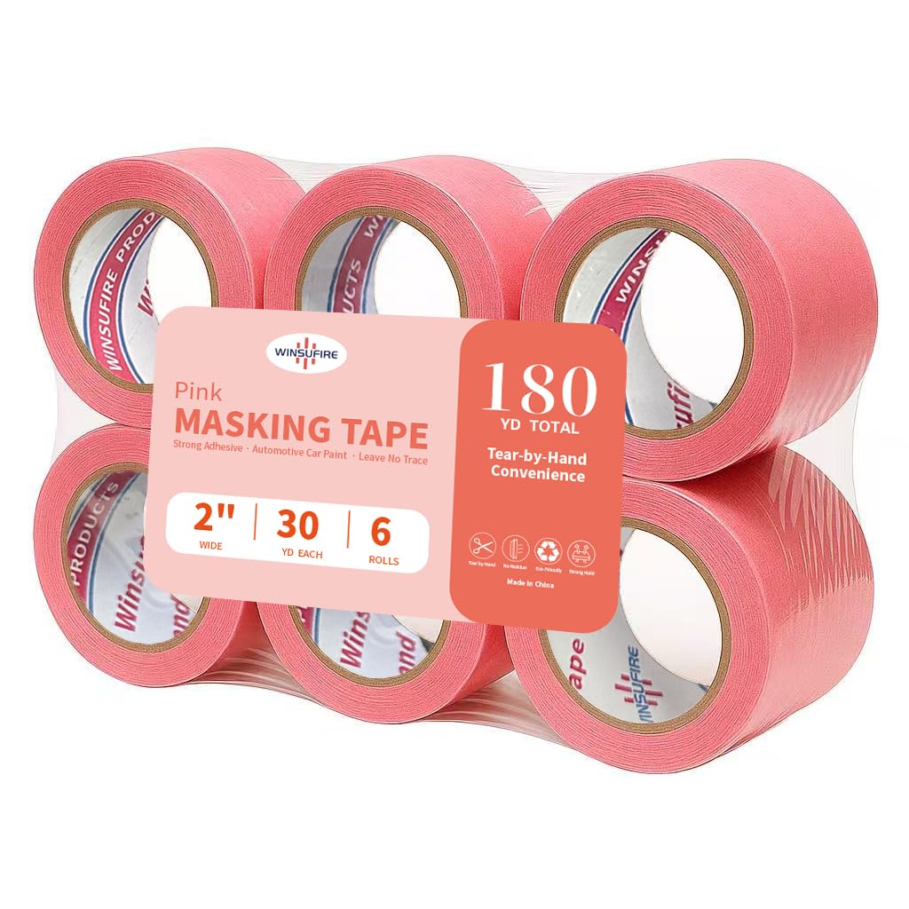 Colored Masking Tape, Colored Painters Tape for Arts and Crafts, Spray Painting, Masking and Protection,Art Supplies for Kids, 6 Rolls, 2Inch x 30Yards Total 180 Yards. (Pink)