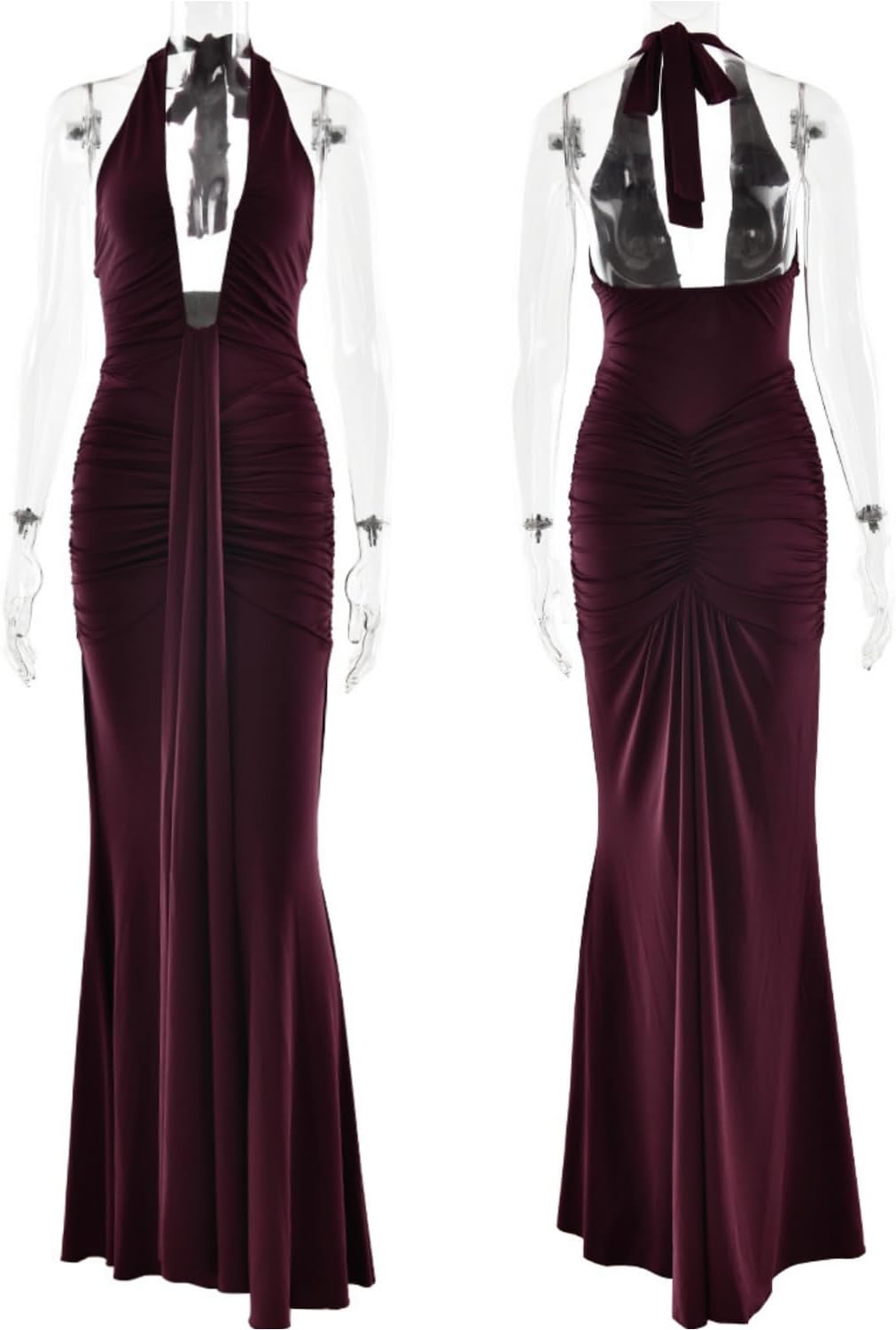 JUMISEE Women’s Sexy Halter Twist Knot Maxi Dress Draped Ribbon Ruched Cocktail Dress Sheer Mesh Bodycon Formal Dresses - Image 5