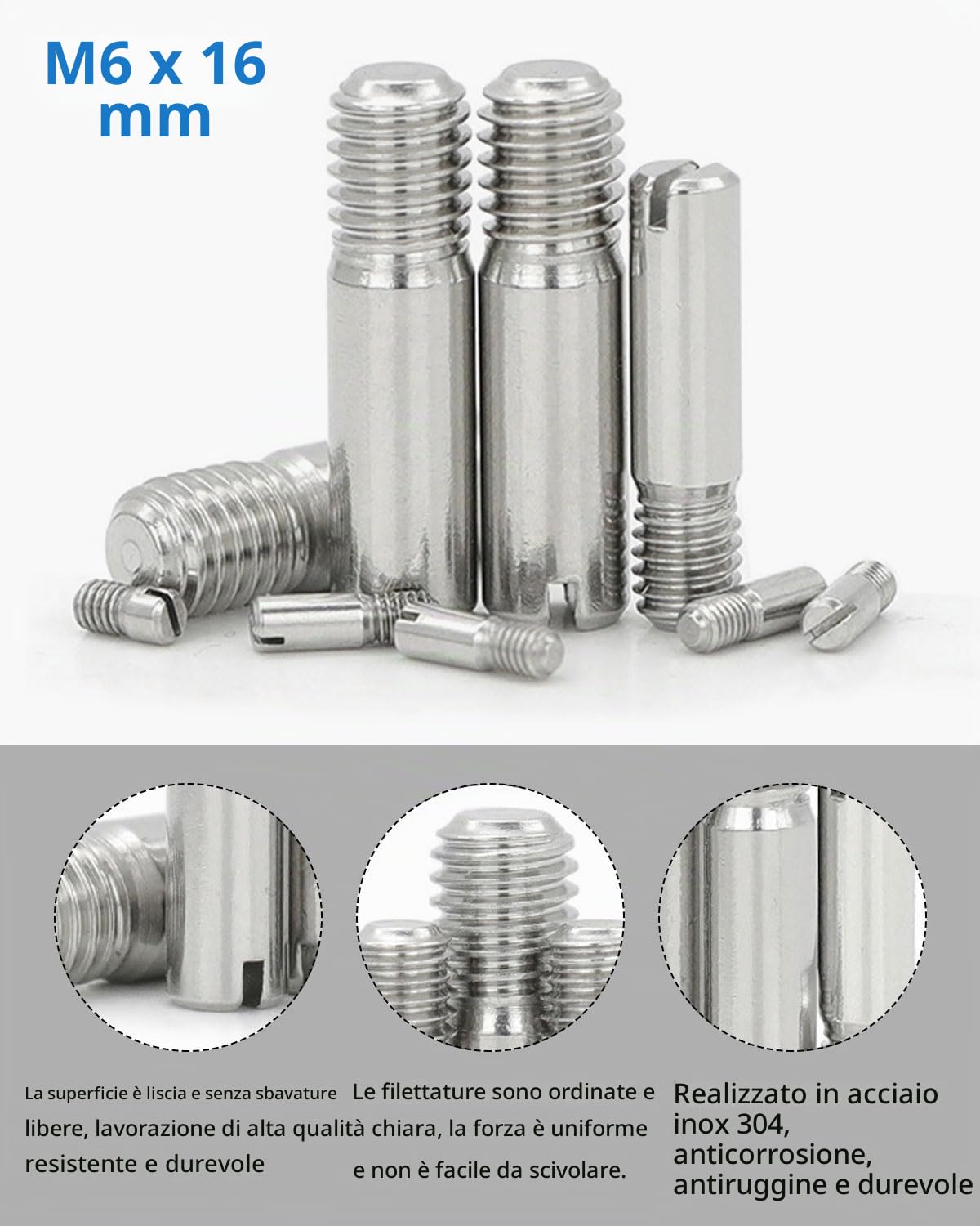 10 pezzi 304 M6 x 16 mm in acciaio inox con scanalatura maschio dritto perni filettati, filettati, per il posizionamento di mobili e armadi