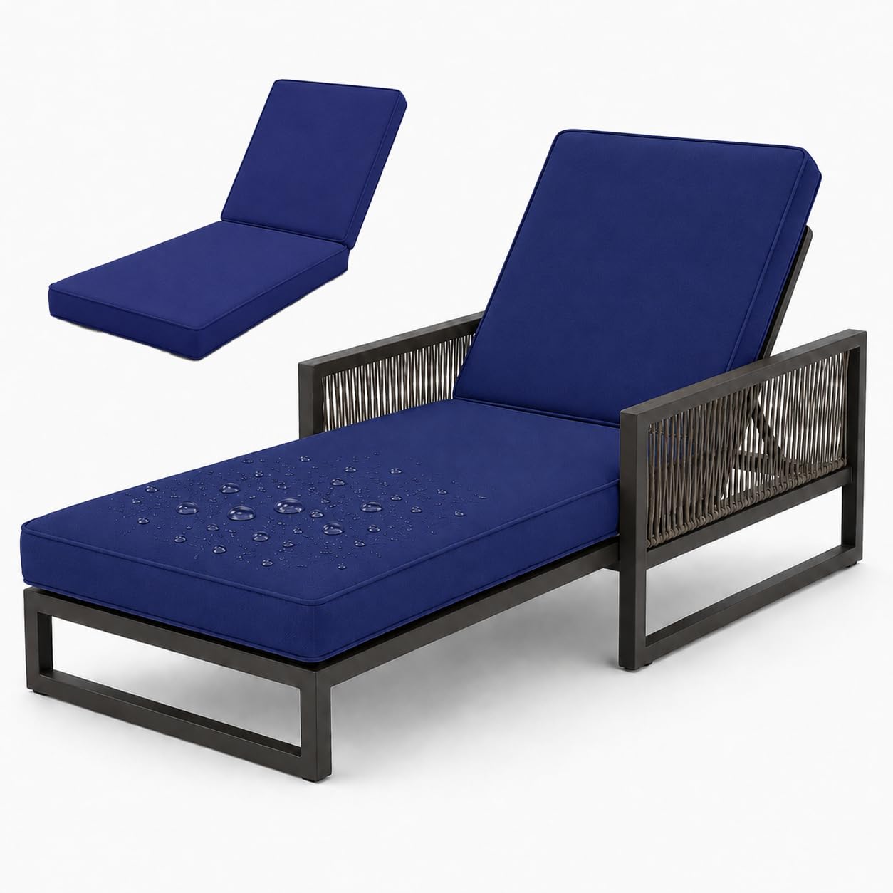AZMAHT Sunlounger Cushions Only, Waterproof Thick Padded Sun Lounger Cushion for Garden Rattan Chairs, 50D Foam Recliner Replacement Pad with 6 Ties & Piping,Dark Blue,193x56x8cm
