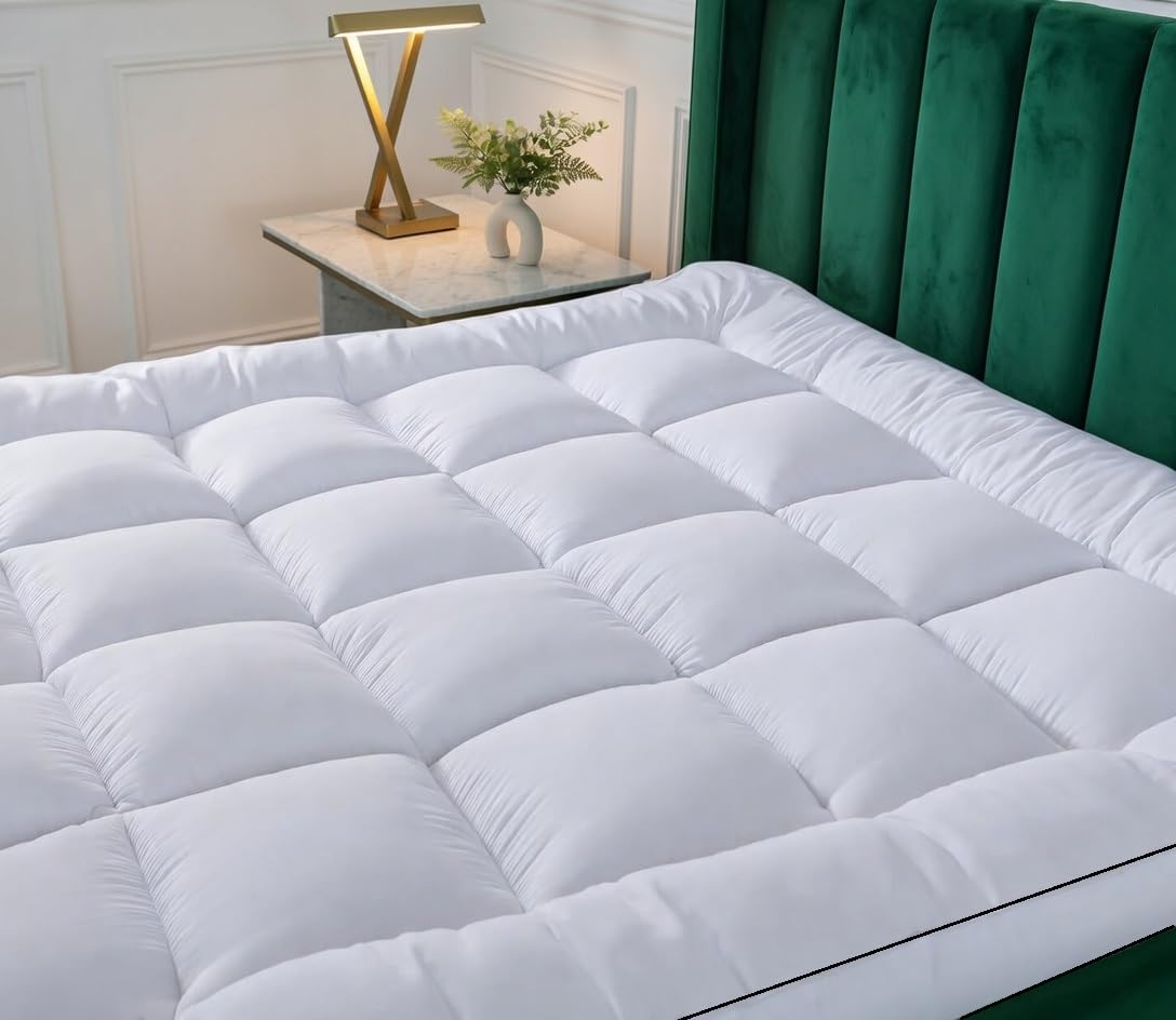 Extra Thick Mattress Topper Double Bed Heavy Filling (2Inch/5 cm) Quilted Soft Supportive Fluffy, Breathable, Box Stitched Mattress Pad Strong Corner Elastic Straps Machine Washable (Double)
