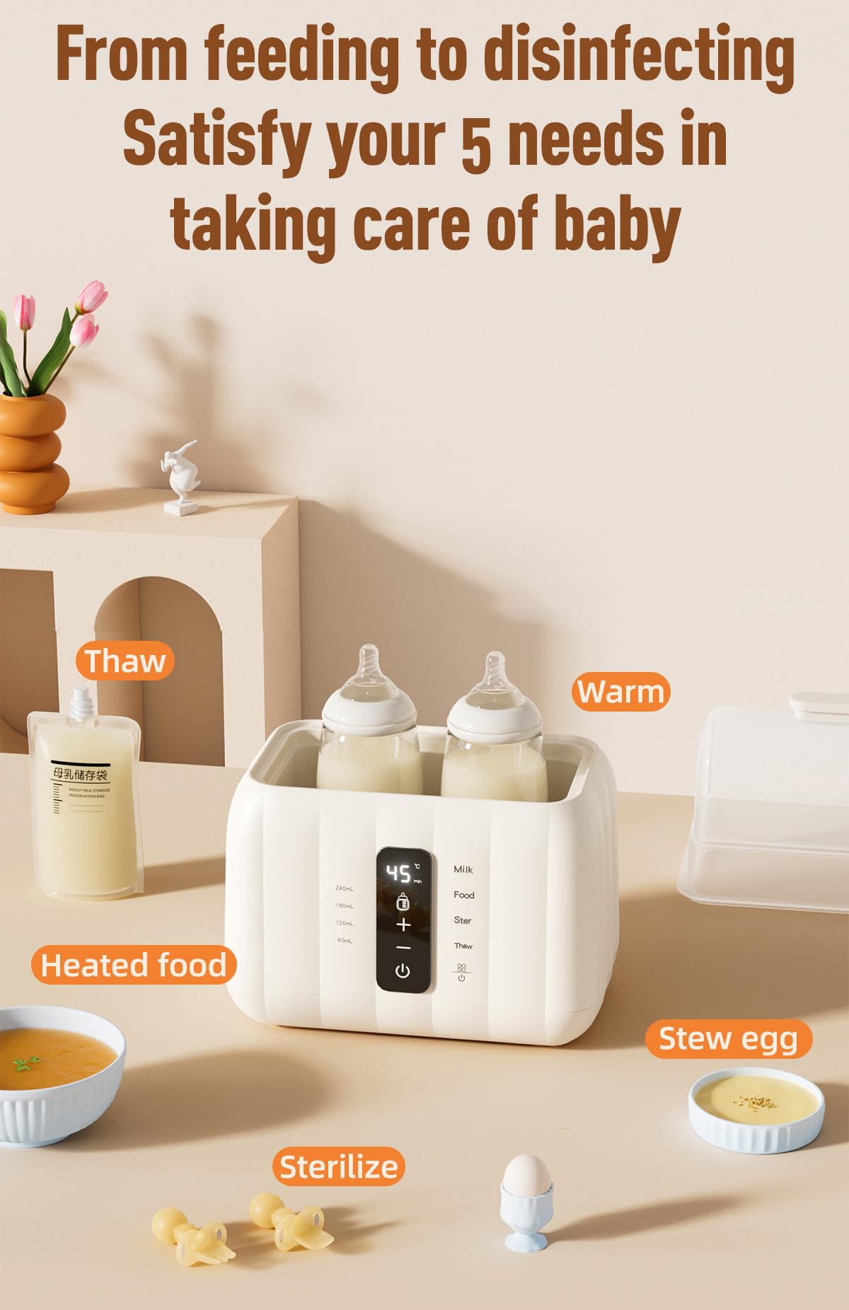 Scaldabiberon Doppio, Scaldabiberon Veloce per Latte Materno con Controllo Intelligente della Temperatura, Temperatura Costante 72H, Riscalda Alimenti per Bambini, Scongelamento, Scaldabiberon Doppio