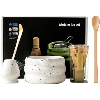 Matcha Tea Set with Matcha Broom and Bowl Matcha Whisk and Ceramic Matcha Broom Holder Set of 5 Matcha Kit for Ceremony White