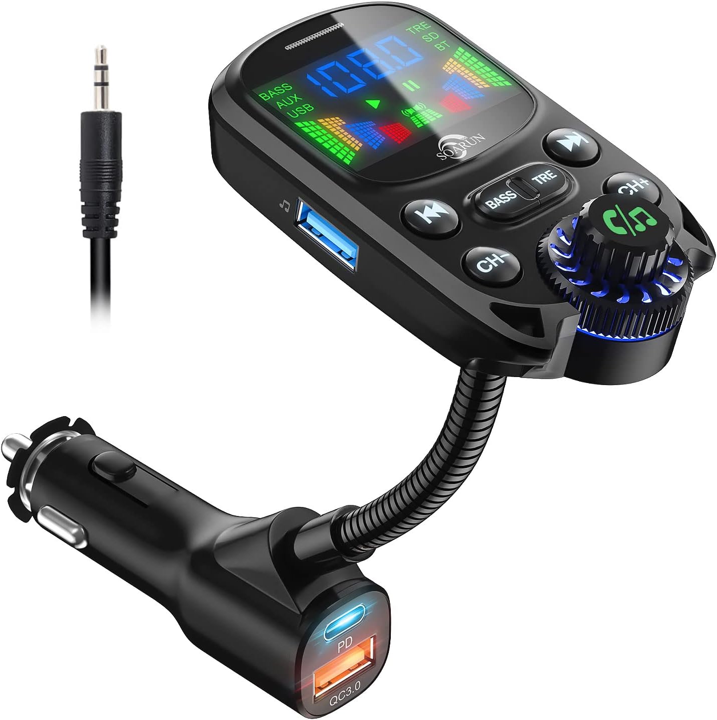 SOARUN Bluetooth 5.3 FM Transmitter, Bluetooth Car Transmitter Adapter QC3.0 PD30W Car Charger Hands Free Car Kit Radio Transmitter with Large Screen Display
