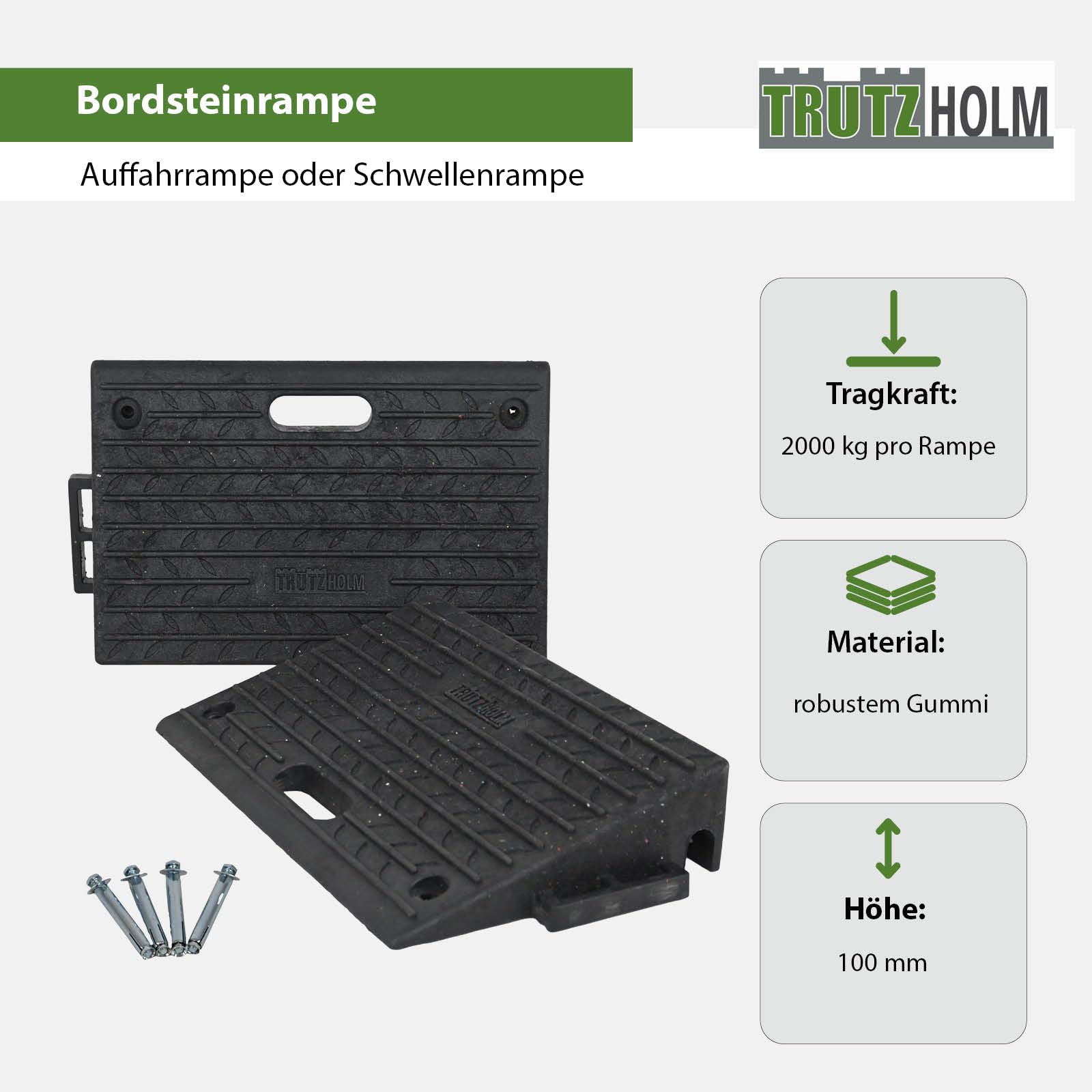 Bordsteinrampe für 10 cm Ausgleich aus Robustem Gummi - Rampe für Rollstuhl, Türschwelle, Auto, Motorrad und Bordsteinkanten - 2 Stück