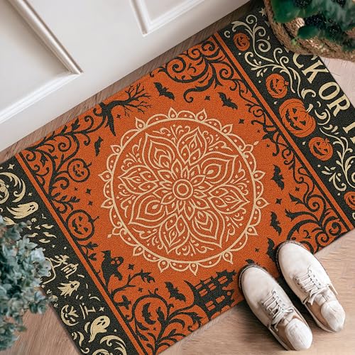 Alfombra de pasillo de mandala para Halloween, calabazas, murciélagos, Halloween, naranja, pelo bajo, alfombra de esponja resistente a la decoloración para cocina, entrada, lavandería, decoración de