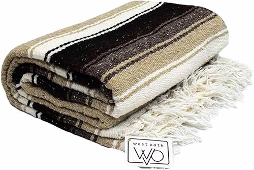 Miniatura 10 de Manta de yoga mexicana marrón - Serape de diamante navajo grueso con rayas