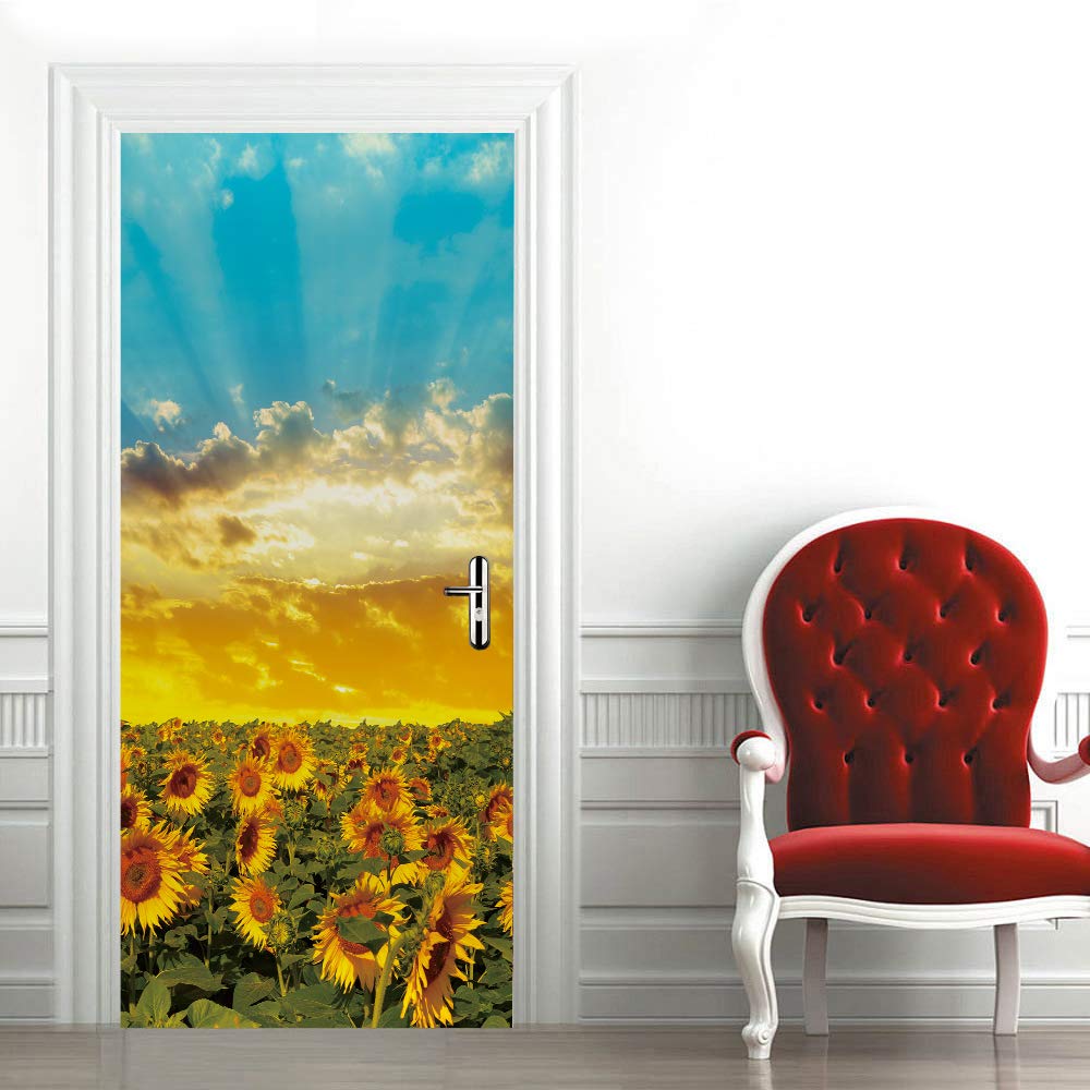 Stickers muraux de porte 3D pour cacher les imperfections d'une porte de chambre avec un tournesol