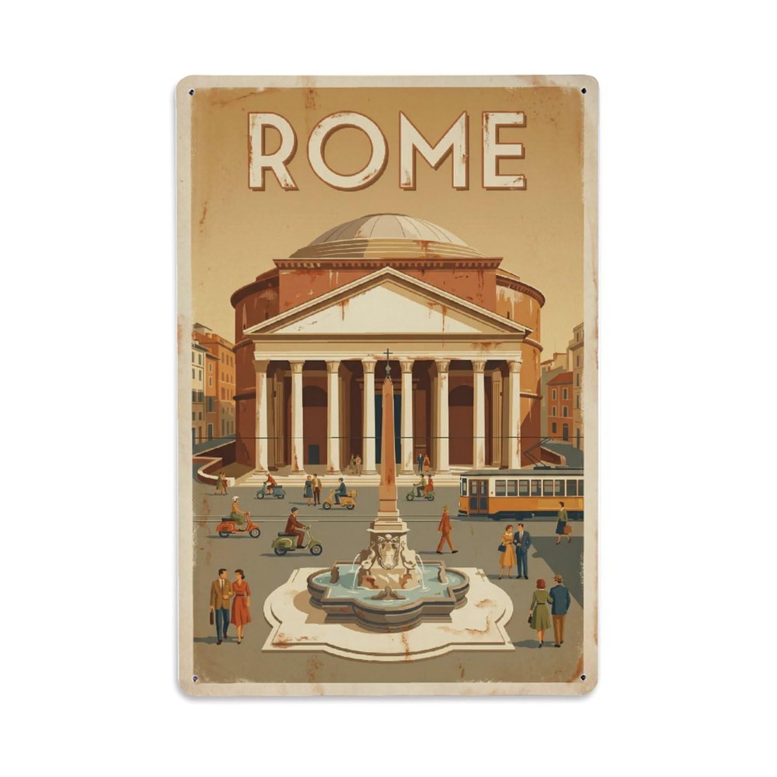 Vintage Travel Rome Piazza Della Rotonda Pantheon Square Rusted Italy Metal Tin Sign Plaque Wall Decor for Cafe, Club Bar, Office, Home Garden Metal Poster 8x12Inch