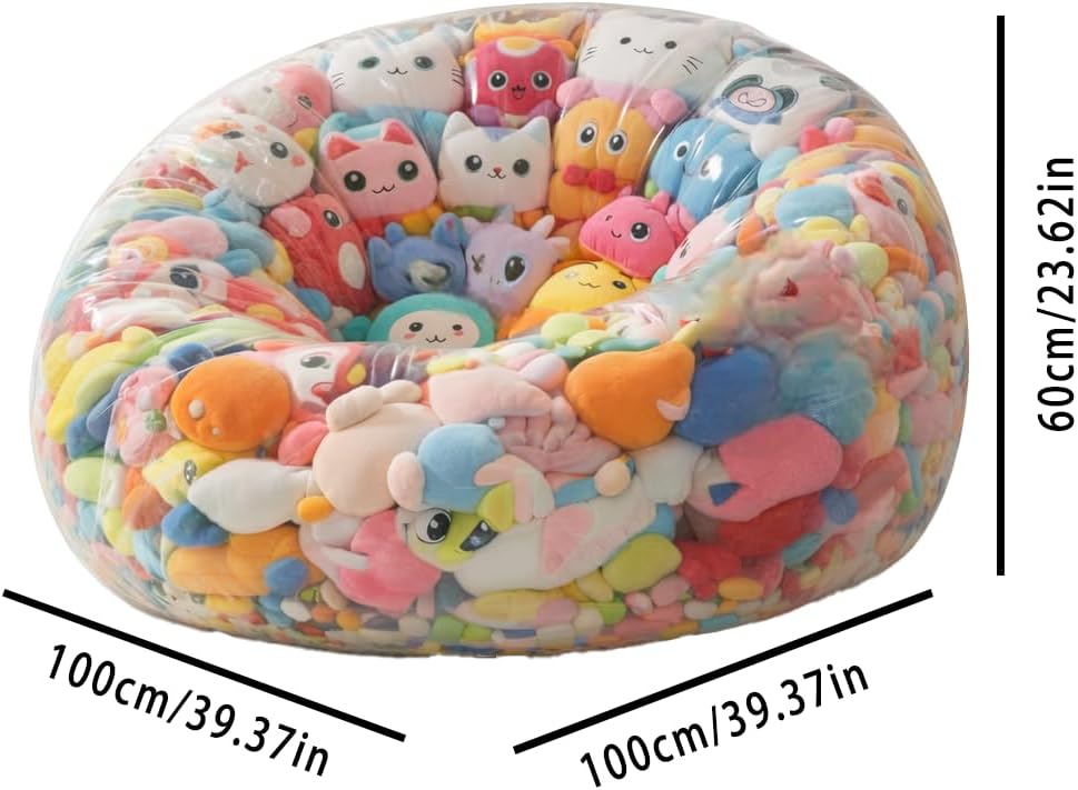 Clear Stuffed Animal Storage Bean Bag Chair Cover for Kids,Extra Large Beanbag Chair Cover with Zipper,PVC Bean Bag Chair Plush Toys Storage & Organizing (Transparent, 100*60cm/39.37*23.62in)